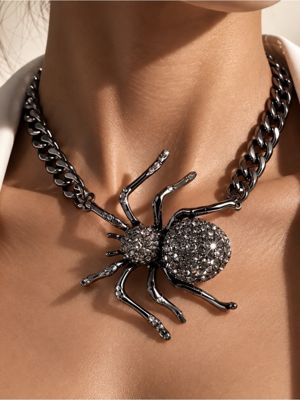 Halloween Crystal Spider Statement Necklace Black Gunmetal Chunky Chain Jewelry